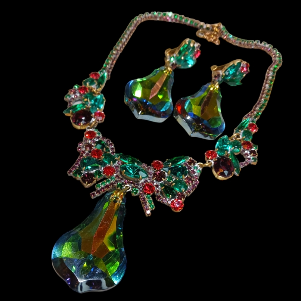 Vintage Rare LILIEN CZECH Watermelon Crystal  Rhinestone  NECKLACE & EARRING Set